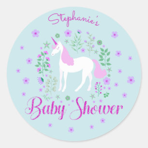 Pegatina Redonda Bonito Unicorn Pink Aqua Baby Shower personalizado