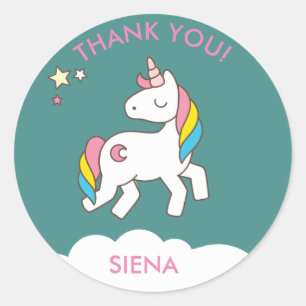 Pegatina Redonda Bonito Unicornio Fiesta de Cumpleaños Gracias
