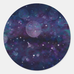 Pegatina Redonda Bonito violeta índigo resplandece corazones y estr