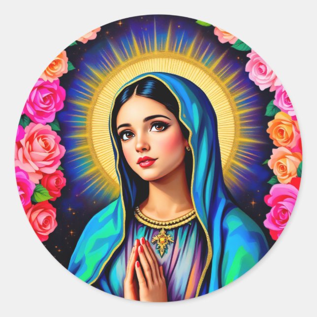 Pegatina Redonda Bonito Virgen María con manos de oración y Rosas (Anverso)