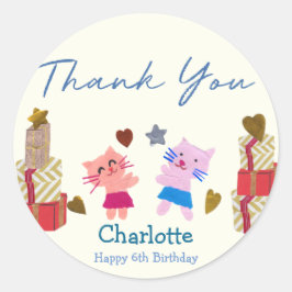 Pegatina Redonda Bonitos gatos y regalos Niños Amarillos Fiesta de 