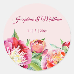 Pegatina Redonda Bonitos Peonies Watercolor Floral Wedding Stickers