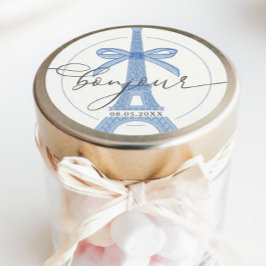 Pegatina Redonda Bonjour Bébé Blue Paris Eiffel Baby Shower
