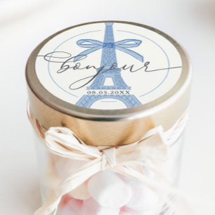 Pegatina Redonda Bonjour Bébé Blue Paris Eiffel Baby Shower