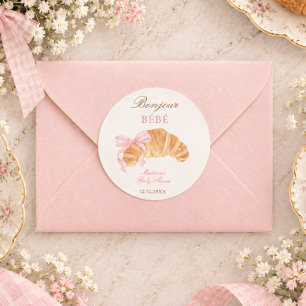 Pegatina Redonda Bonjour Bébé Croissant Lazo Baby Shower Francés