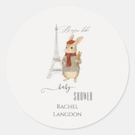 Pegatina Redonda Bonjour Bebe French Rabbit Baby Shower