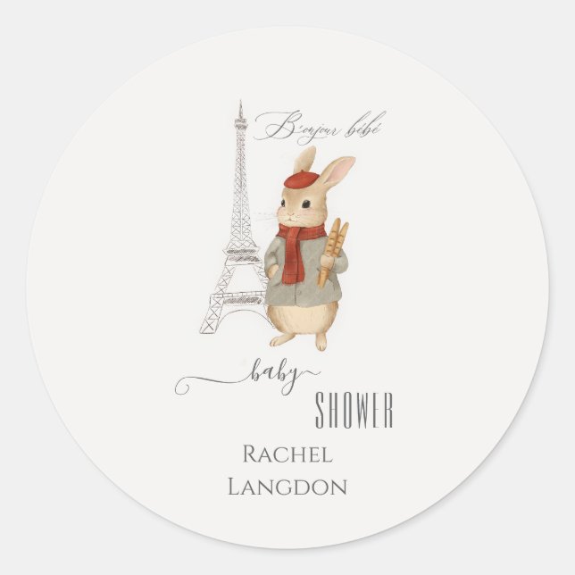 Pegatina Redonda Bonjour Bebe French Rabbit Baby Shower (Anverso)