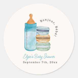 Pegatina Redonda Bonjour Bébé Macarons y Leche Boy Baby Shower
