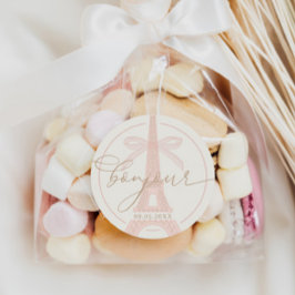 Pegatina Redonda Bonjour Bébé Pink Paris Eiffel Baby Shower