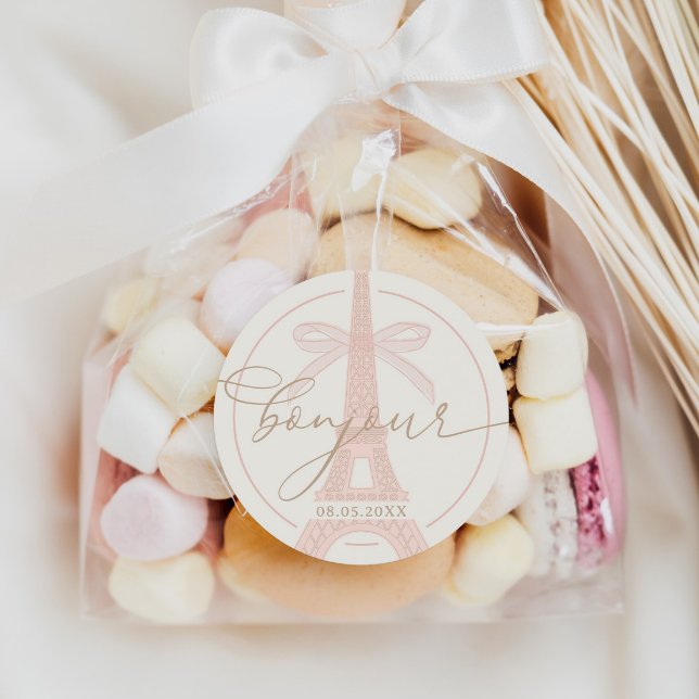 Pegatina Redonda Bonjour Bébé Pink Paris Eiffel Baby Shower (Subido por el creador)