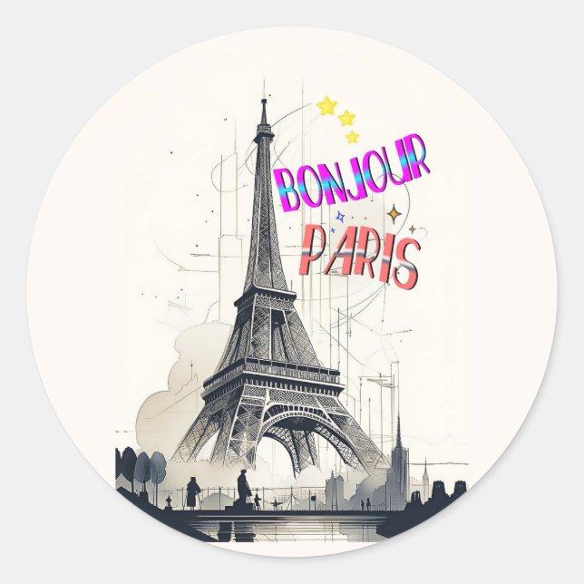Pegatina Redonda Bonjour Colorful Paris (Anverso)