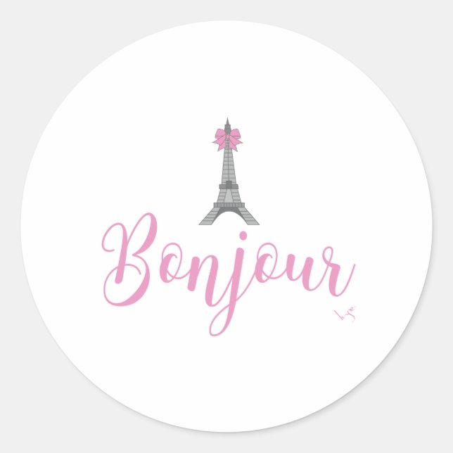 Pegatina Redonda Bonjour-Eiffel Tower Bow Único (Anverso)