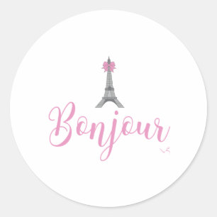 Pegatina Redonda Bonjour-Eiffel Tower Bow Único