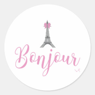 Pegatina Redonda Bonjour-Eiffel Tower Bow Único