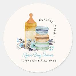 Pegatina Redonda Bonjour Macarons & Milk Boy Baby Shower