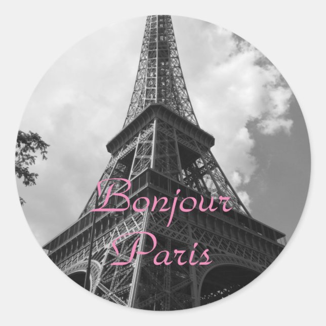 Pegatina Redonda Bonjour Paris Black White Eiffel Tower France (Anverso)
