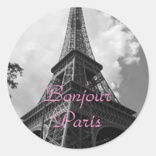 Pegatina Redonda Bonjour París Blanco Negro Torre Eiffel Francia