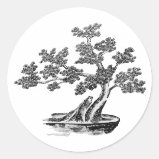 Pegatina Redonda Bonsai - Estilo chino - blanco y negro