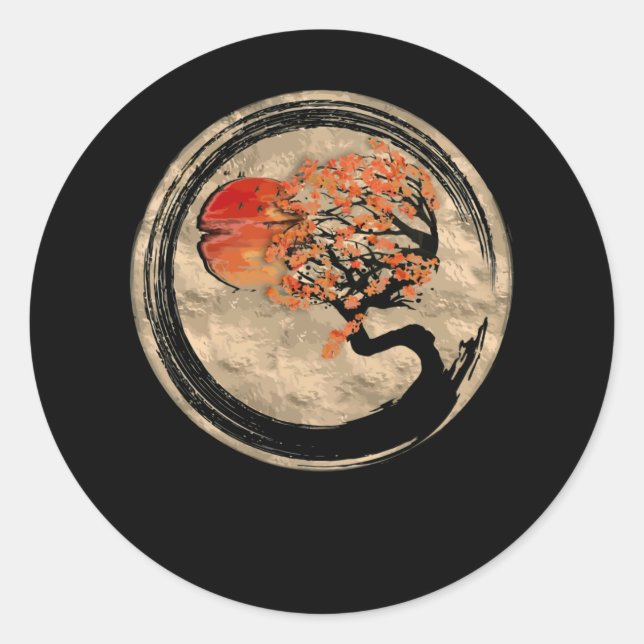 Pegatina Redonda Bonsai Zen Budista Enso Círculo Árbol En Japonés (Anverso)