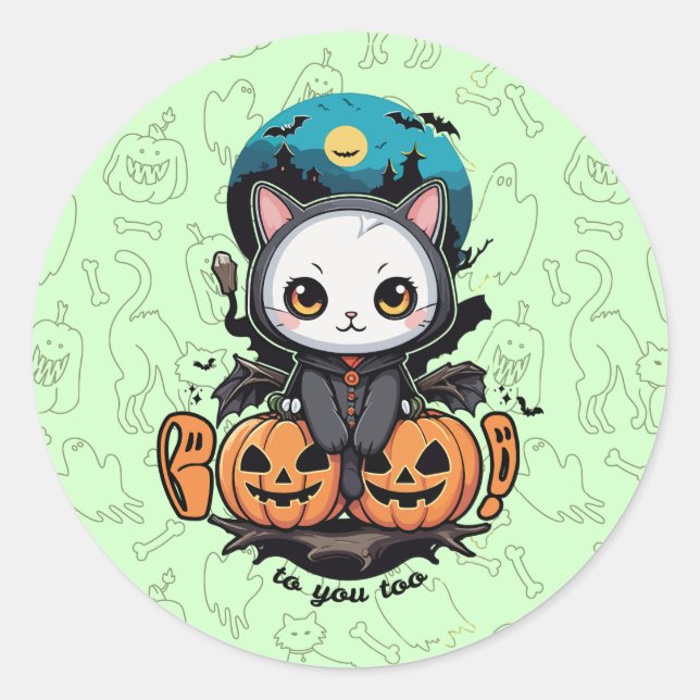 Pegatina Redonda Boo a ti también | Alas y calabaza de gatos (Anverso)