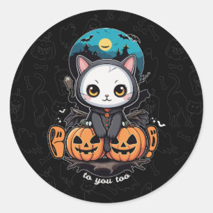Pegatina Redonda Boo a ti también   Alas y calabaza de gatos