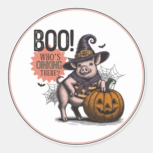 Pegatina Redonda Boo Cerdo De Halloween Y Calabaza (Anverso)