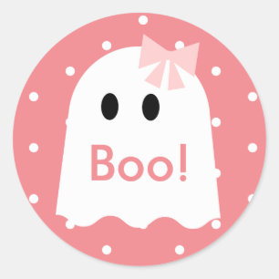 Pegatina Redonda ¡Boo! Chica fantasma de Halloween puntos rosados d