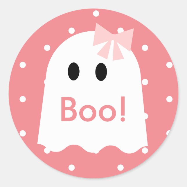 Pegatina Redonda ¡Boo! Chica fantasma de Halloween puntos rosados d (Anverso)