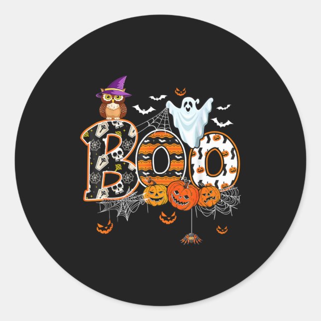 Pegatina Redonda Boo Creepy Owl Pumpkin Ghost Halloween Men Women K (Anverso)