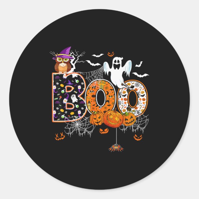 Pegatina Redonda Boo Creepy Owl Pumpkin Ghost Halloween Men Women K (Anverso)