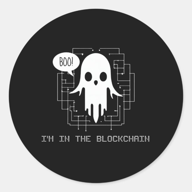 Pegatina Redonda Boo, estoy en el Crypto Halloween de Blockchain Fu (Anverso)