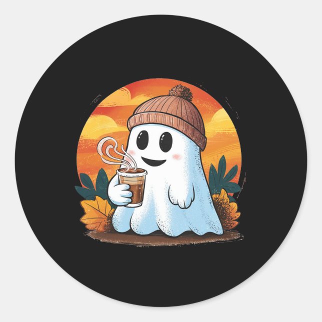Pegatina Redonda Boo Fantasma Bebiendo café Halloween Vestimenta Mu (Anverso)