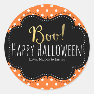 Pegatina Redonda BOO! Favor de Halloween de lunares naranja y blanc