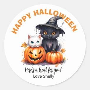 Pegatina Redonda ¡Boo! Feliz Fantasma amistoso de Halloween y Gato