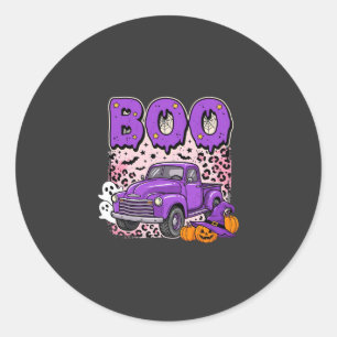Pegatina Redonda Boo Halloween Camión Morado Fantasma y Calabazas D