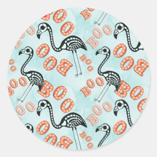 Pegatina Redonda Boo Halloween   Flamingo Skeleton