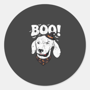 Pegatina Redonda Boo Halloween Perro Bruja Sombrero Murciélagos