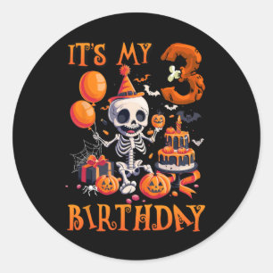 Pegatina Redonda Boo infantil es mi tercer esqueleto de cumpleaños 