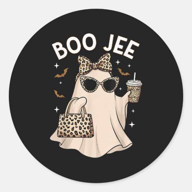 Pegatina Redonda Boo Jee Leopard Café Fantasma Halloween Boujee Muj (Anverso)