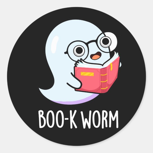 Pegatina Redonda Boo-k Worm Funny Bookworm Ghost Pun Dark BG (Anverso)