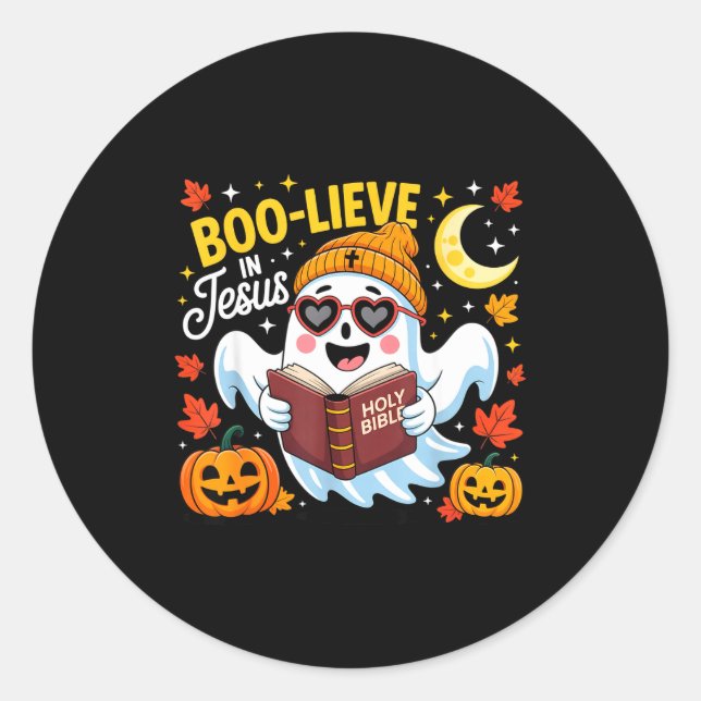 Pegatina Redonda Boo-lieve In Jesus Ghost Christian Halloween Funny (Anverso)