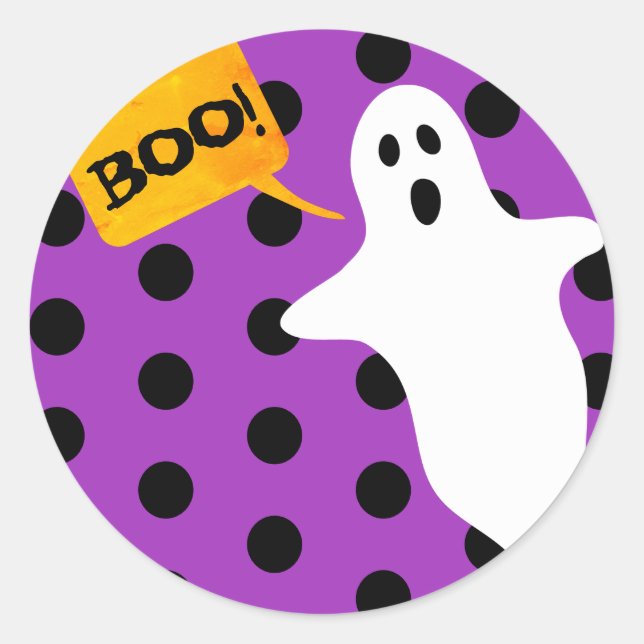Pegatina Redonda Boo morado con fantasma blanco (Anverso)