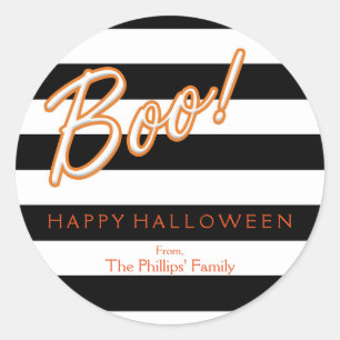 Pegatina Redonda BOO Naranja Halloween Negro Blanco Rayado Fiesta