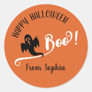Pegatina Redonda Boo Pequeño Fantasma Feliz Halloween Naranja