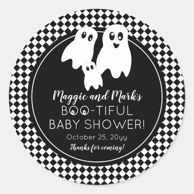 Pegatina Redonda BOO - TIFUL Baby Shower BW Halloween Gracias (Anverso)