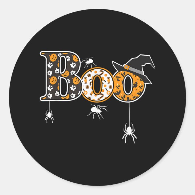 Pegatina Redonda Boo With Spiders And Witch Hat Halloween (Anverso)