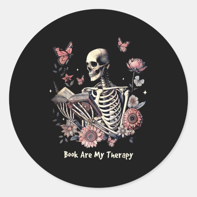 Pegatina Redonda Book Are My Therapy Skeleton Book Reading Floral B (Anverso)