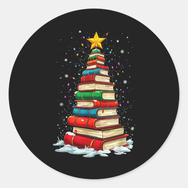 Pegatina Redonda Book Christmas Tree Book Lover Teacher Librarian  (Anverso)