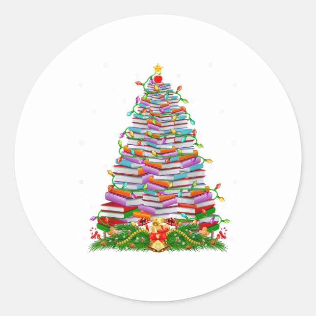Pegatina Redonda Book Christmas Tree Lights Book Lover Teacher Libr (Anverso)