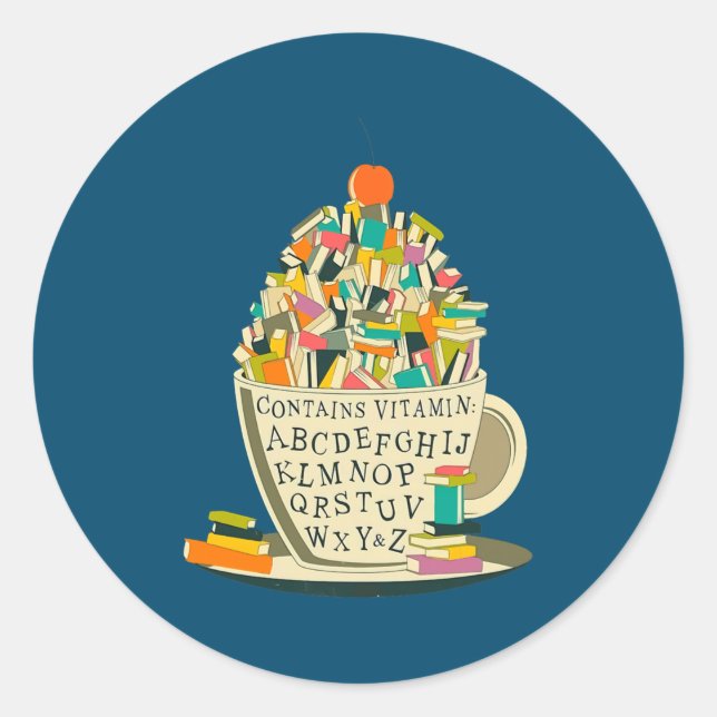 Pegatina Redonda Book Lover Reading Mug Cute Teacher Librarian  (Anverso)